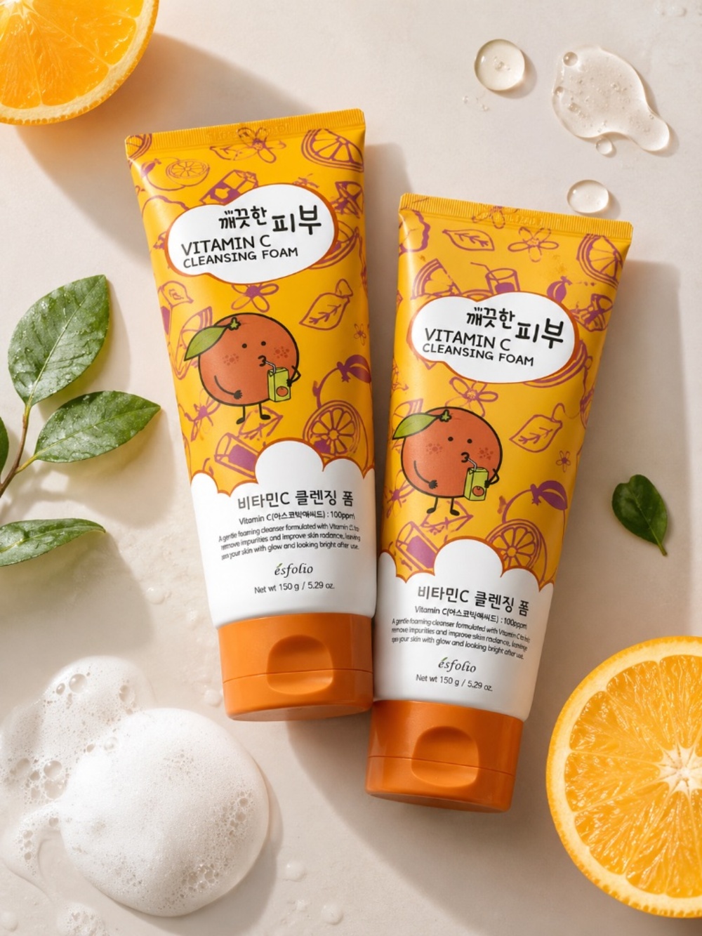2 Pack Esfolio Vitamin C Cleansing Foam 5.29oz Korean K-Beauty Face Wash New